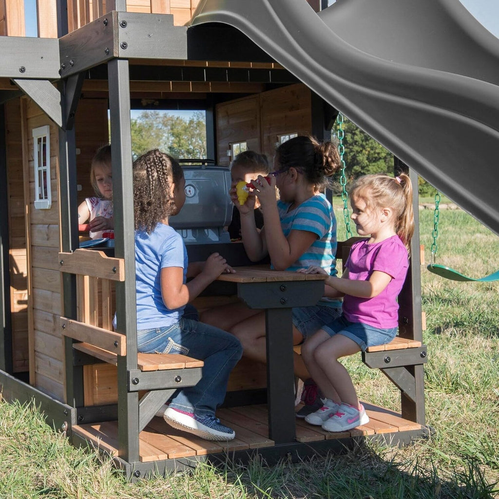 Backyard Discovery Canyon Creek Cedar Wood Swing Set With 8-Foot Wave Slide, Clubhouse And Play Kitchen