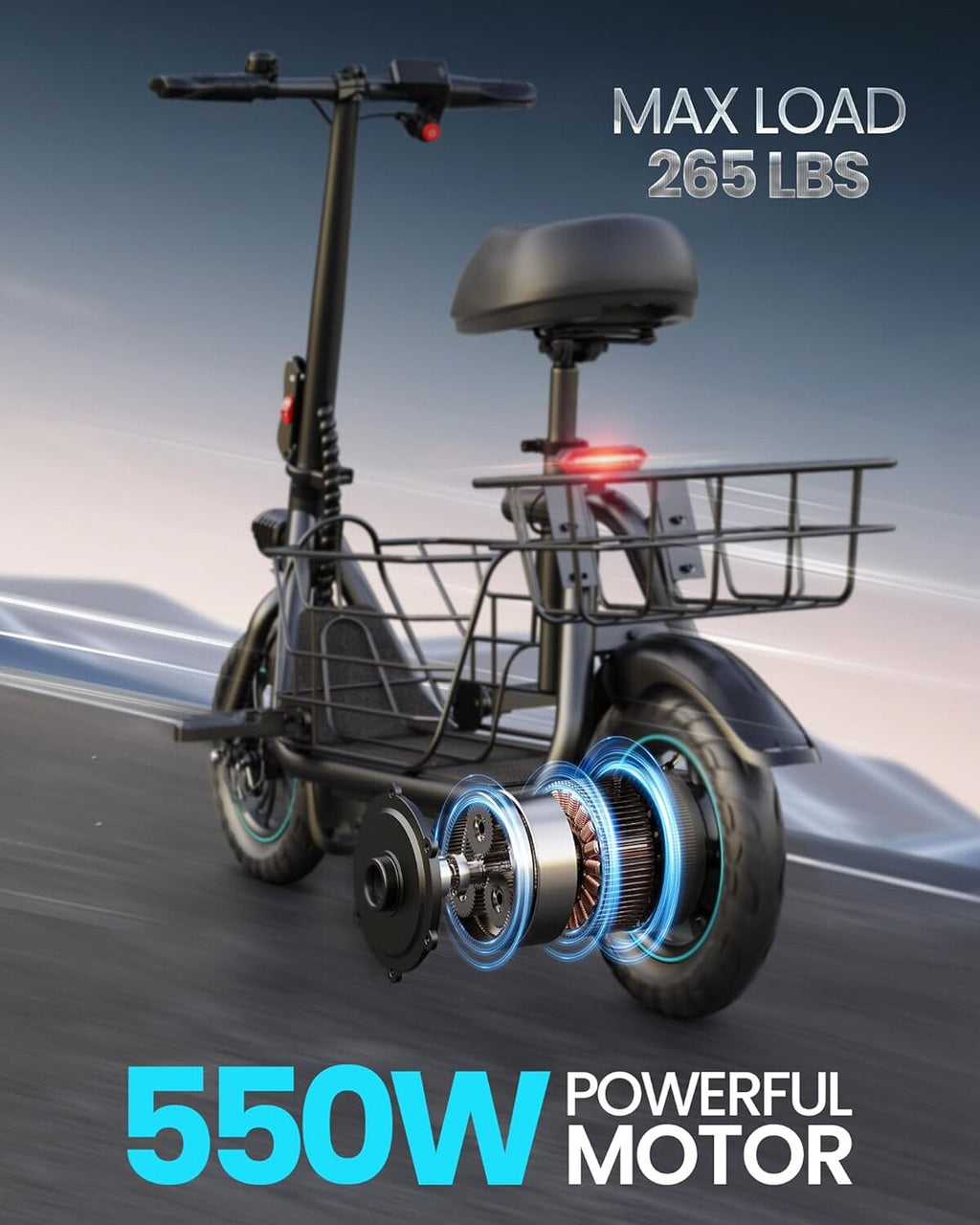 Gyroor Electric Scooter With Basket And Seat, 550W, 20 Mile Range, Black-FP9 - C1S