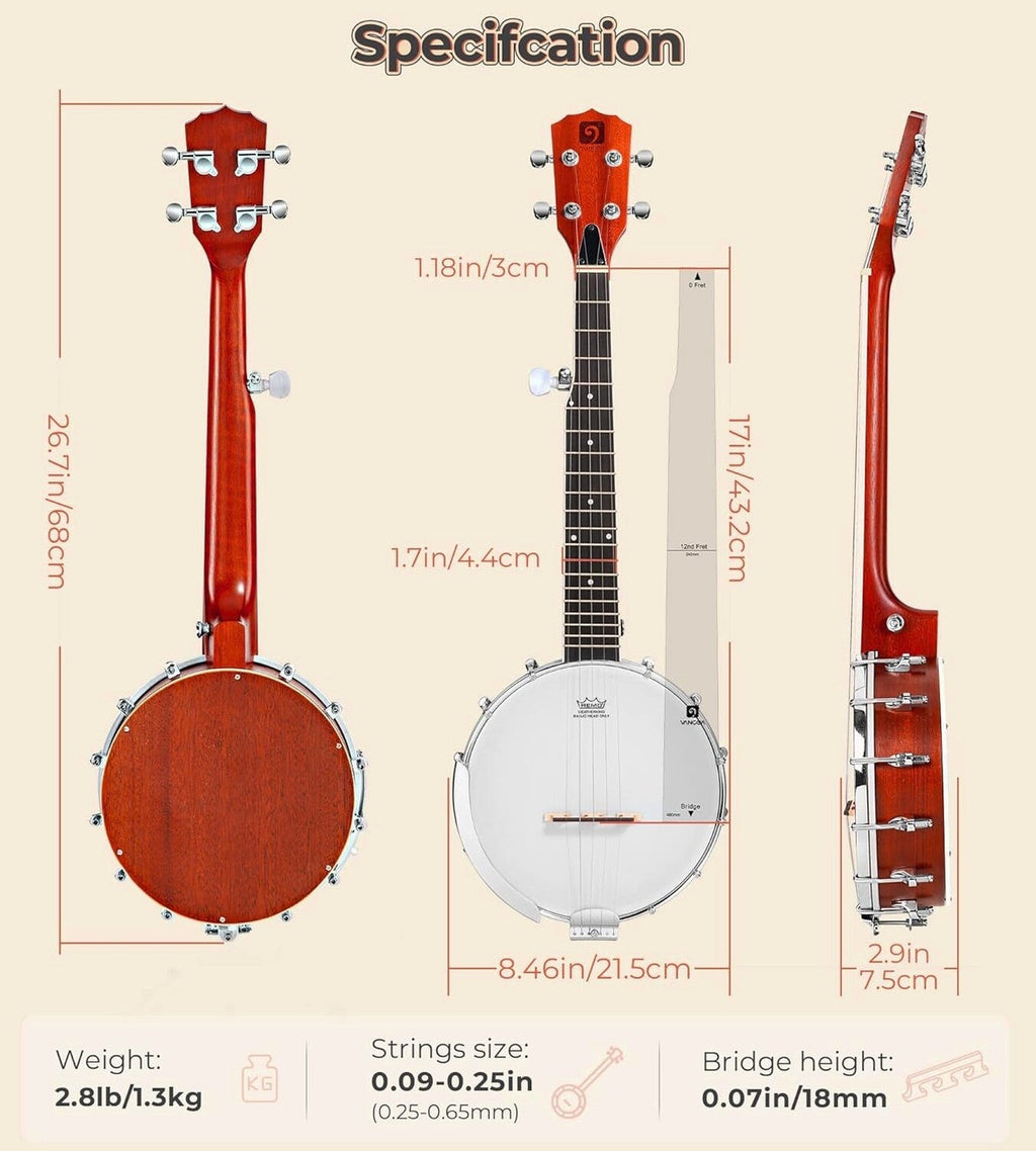 Vangoa 26 Inch Mini Travel Banjo With Remo Head And Beginner Kit