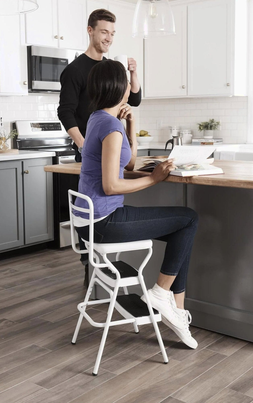 COSCO Stylaire Retro Chair And Step Stool With Flip-Up Seat - White, One Pack