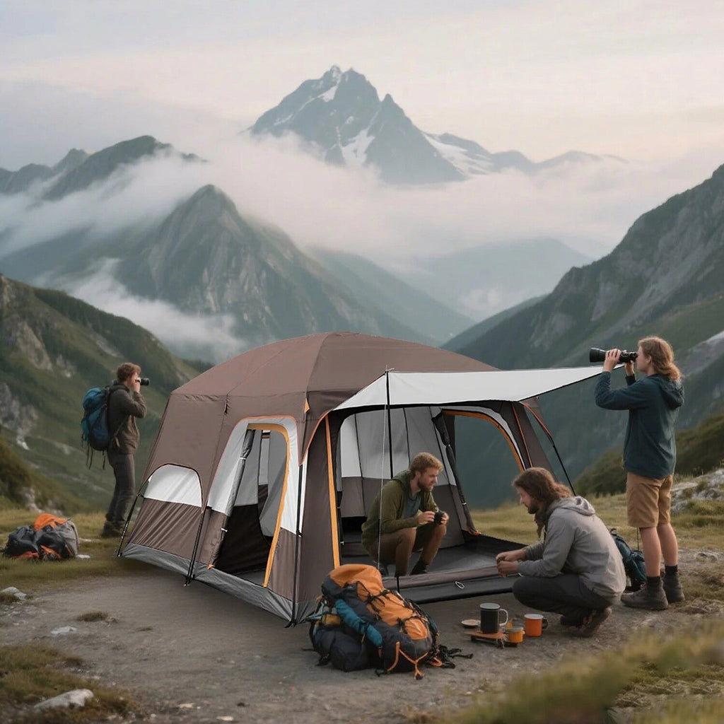 KFeng 12 Person Camping Tent, 2 Rooms, 3 Mesh Doors, 3 Mesh Windows, Brown