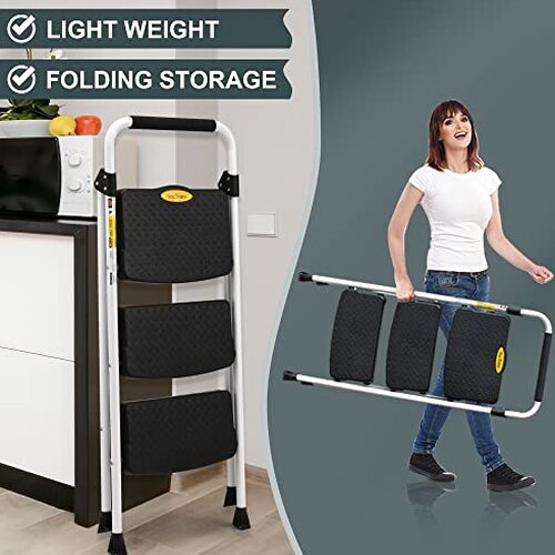 SocTone 3 Step Folding Step Ladder With Handle - 500 lb Capacity