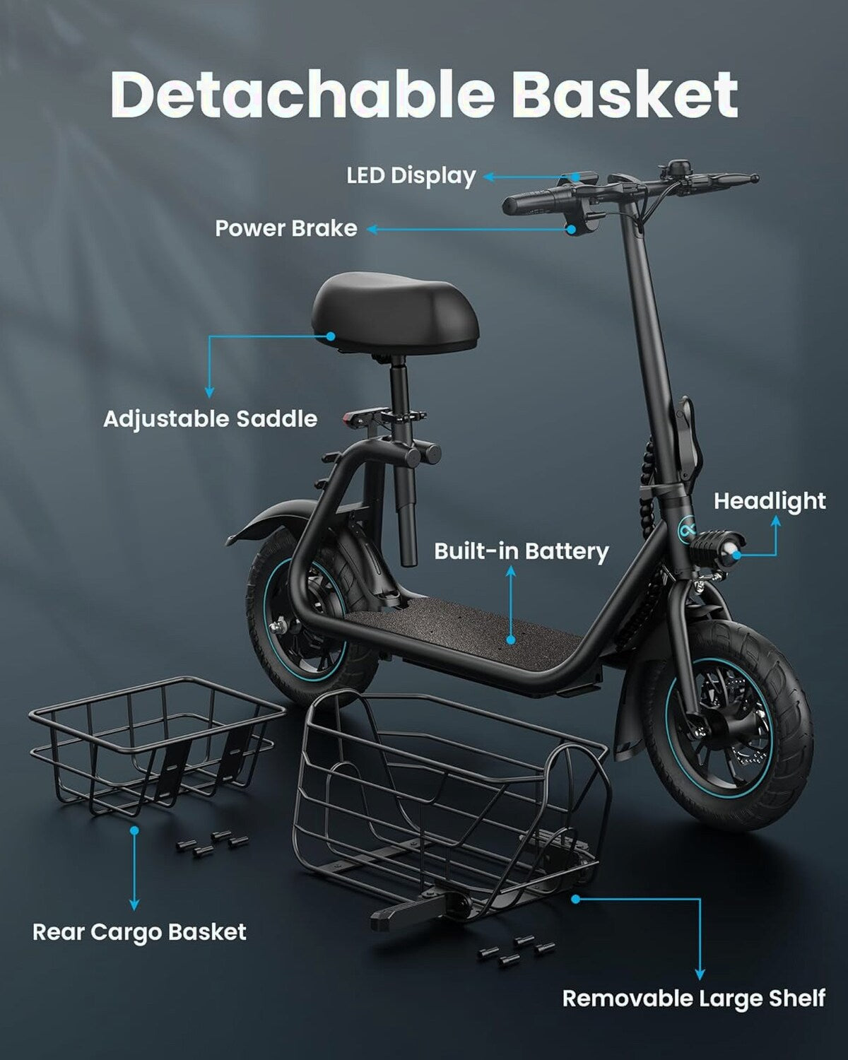 Gyroor Electric Scooter With Basket And Seat, 550W, 20 Mile Range, Black-FP9 - C1S