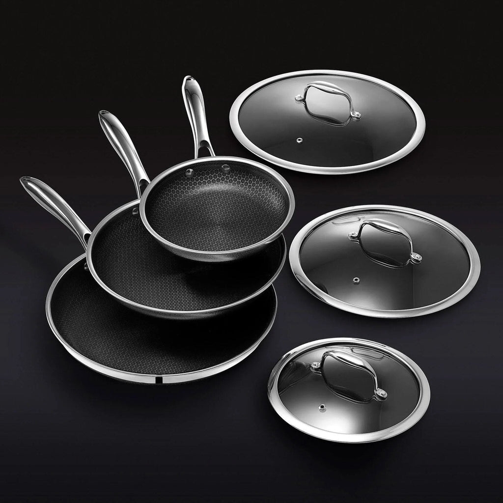 HexClad 6 Piece Hybrid Stainless Steel Cookware Pan Set, 8 inch, 10 inch, 12 inch With Glass Lids - Black