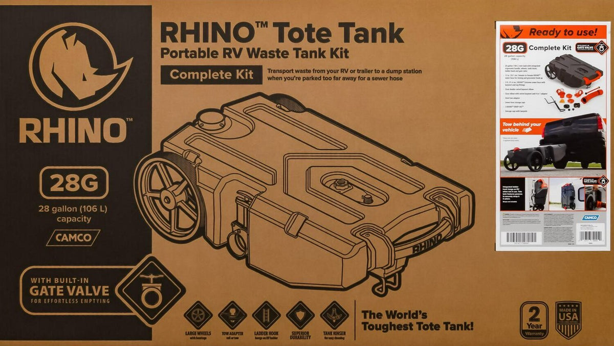 Camco Rhino Heavy Duty 28 Gallon Portable RV Waste Holding Tank With Hose And Accessories, Gray - 39004