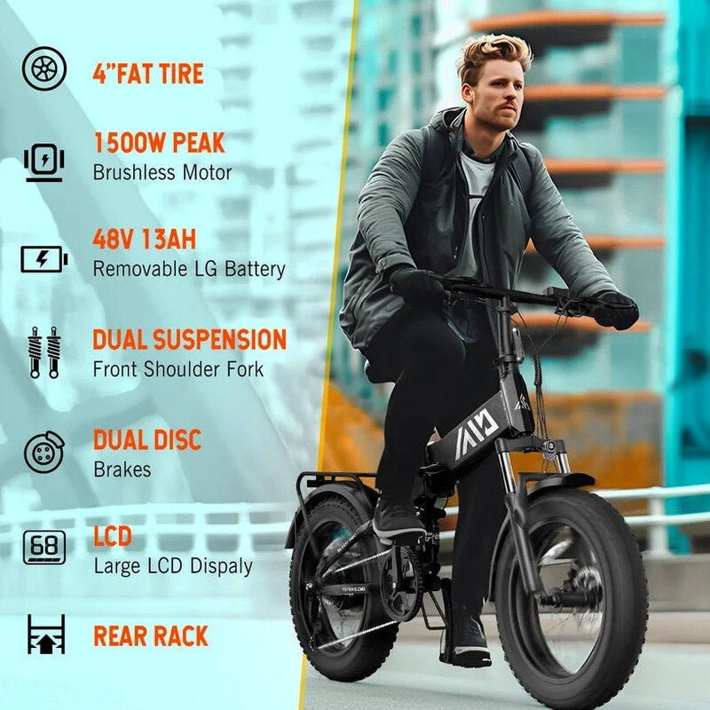 TST 4.0 Fat Tire Foldable Electric Bike, 48V 13Ah, 750W, 20 inch, Black