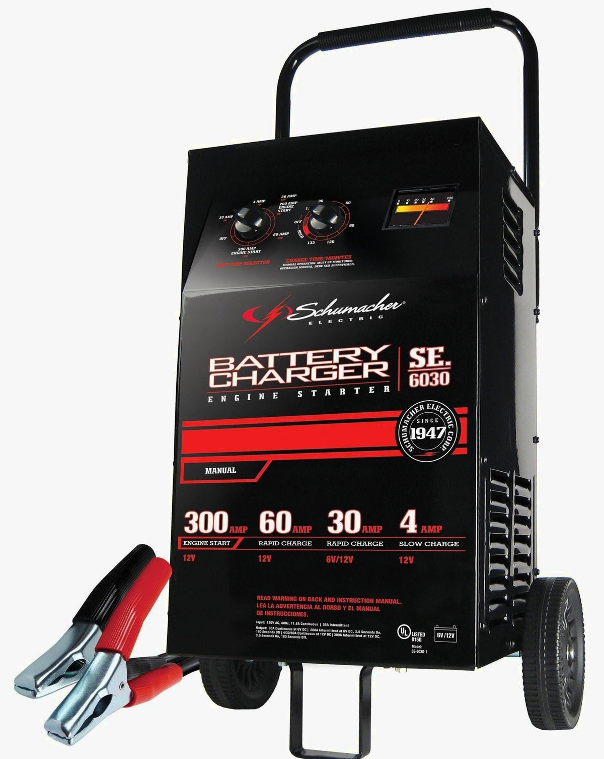 Schumacher Electric Wheeled Battery Charger And Engine Starter, 300 Crank Amps, 6 Volts, 12 Volts - SC1446