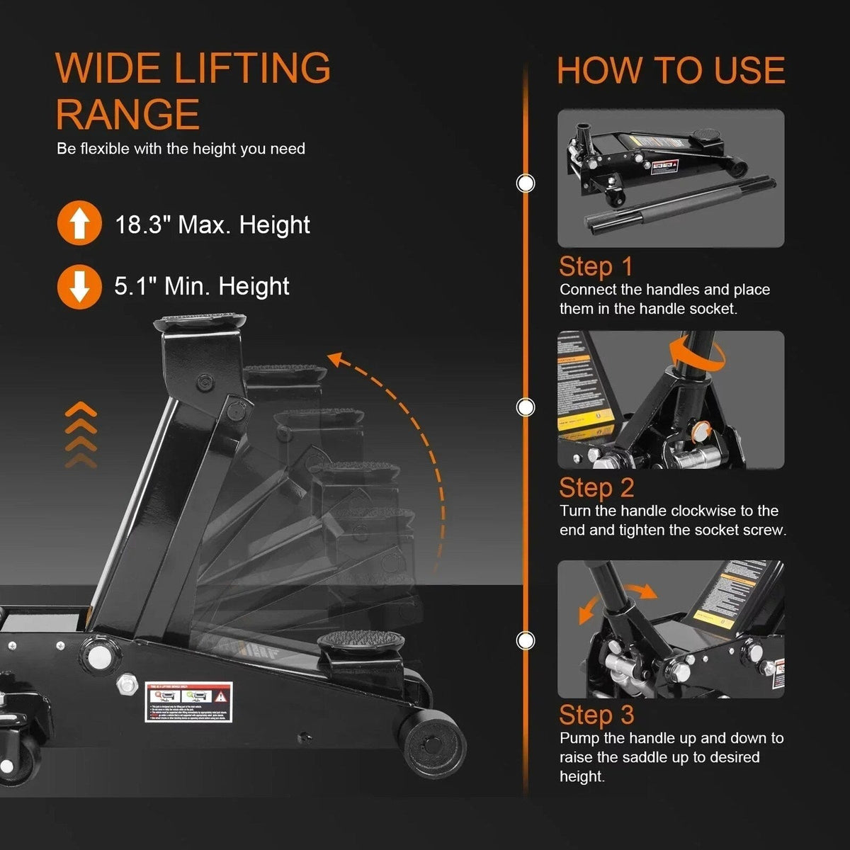 Heavy Duty Steel 3 Ton Hydraulic Floor Jack, Black - W8303-B