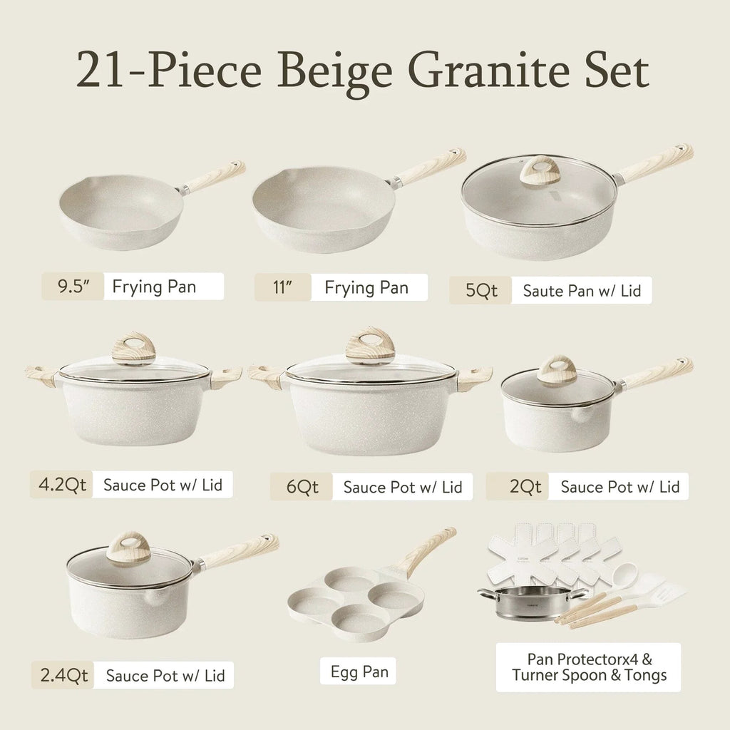 Nonstick Granite Cookware Set, 21 Pcs, Beige