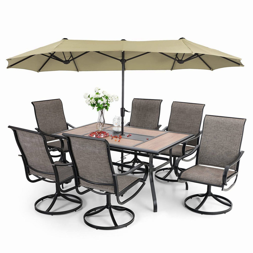 8-Piece Patio Dining Set With Umbrella And 6 Sling Dining Swivel Chairs