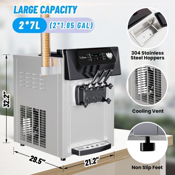 Commercial 3-Flavor Soft Serve Ice Cream Machine, 2200W, 5.3-7.4 Gal/Hr - ICE_CREAM_MAKER