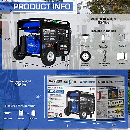 DuroMax Dual Fuel Generator 12,000W Gas/Propane, 457cc 4-Stroke Engine - XP12000EH