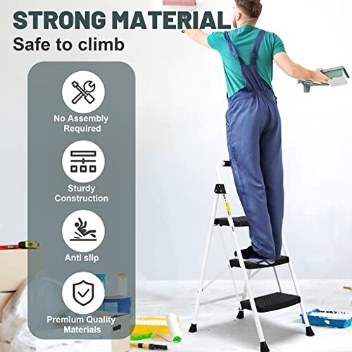 SocTone 3 Step Folding Step Ladder With Handle - 500 lb Capacity