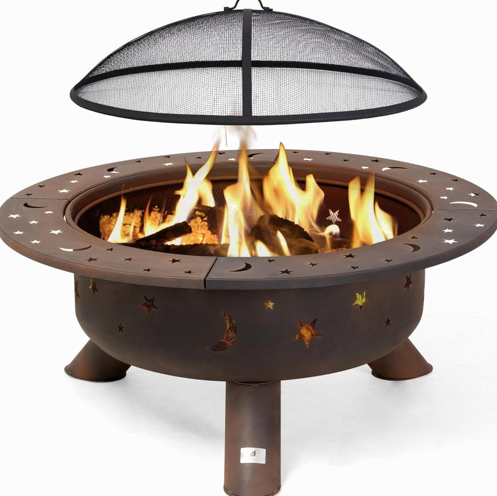 SUNCREAT 42 Inch Star Pattern Wood Burning Patio Fire Pit With Mesh Spark Screen And Poker, Black