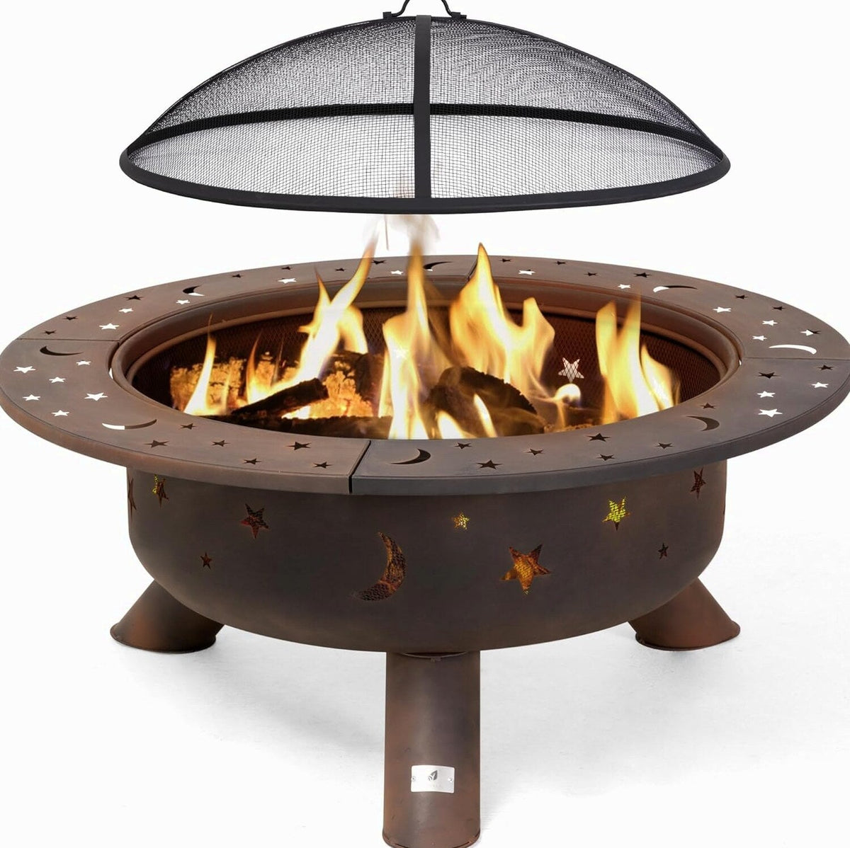SUNCREAT 42 Inch Star Pattern Wood Burning Patio Fire Pit With Mesh Spark Screen And Poker, Black