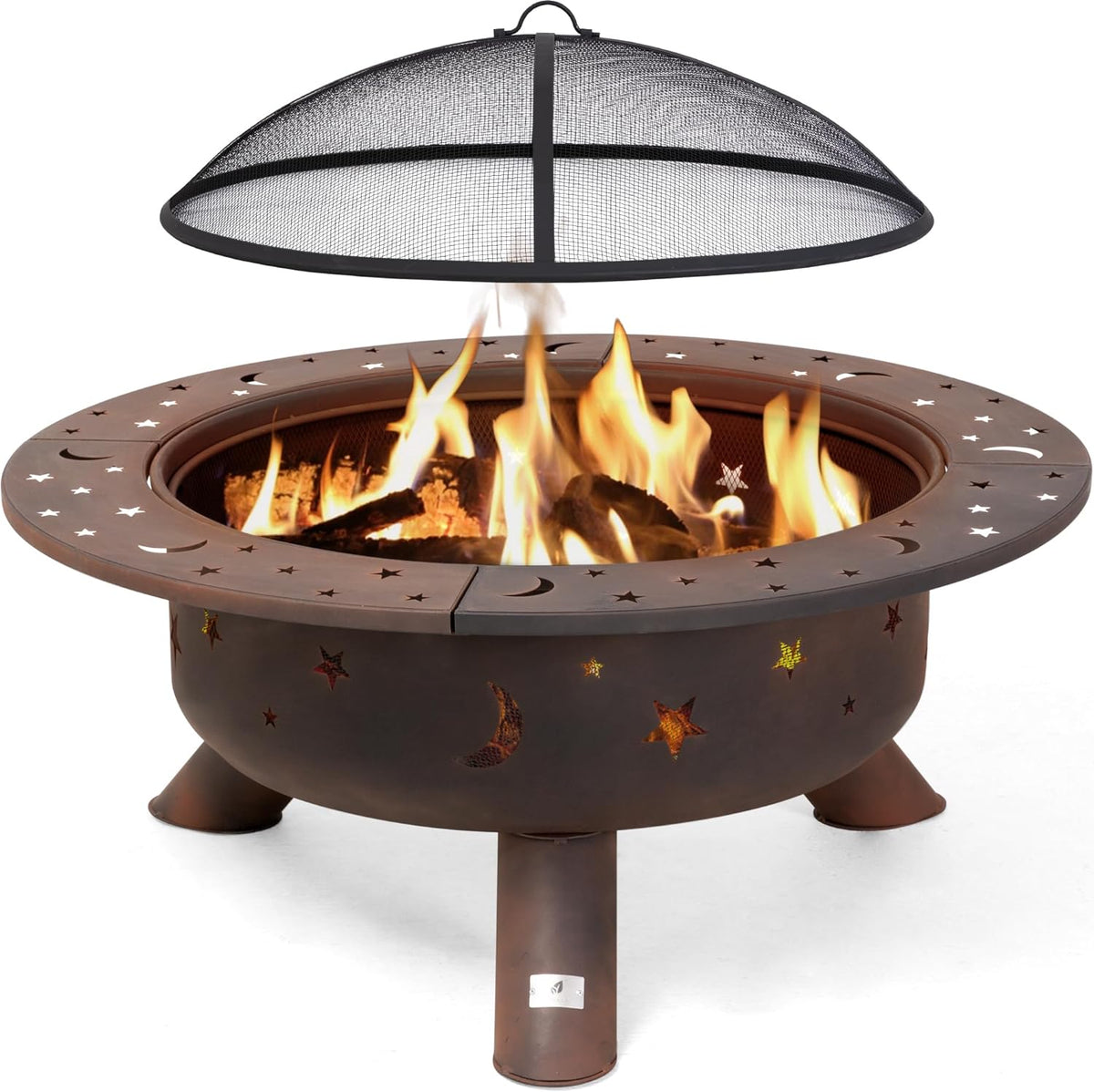 SUNCREAT 42 Inch Star Pattern Wood Burning Patio Fire Pit With Mesh Spark Screen And Poker, Black