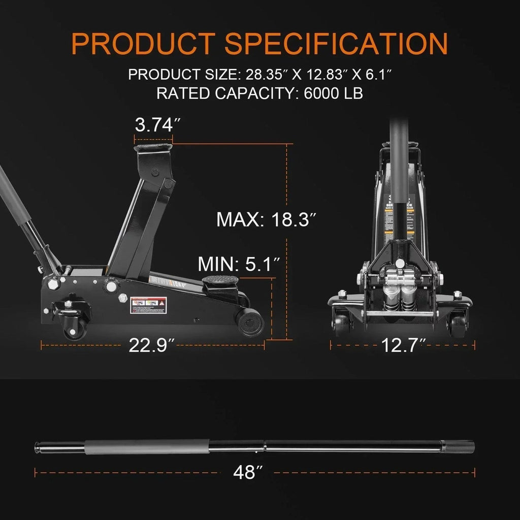 Heavy Duty Steel 3 Ton Hydraulic Floor Jack, Black - W8303-B