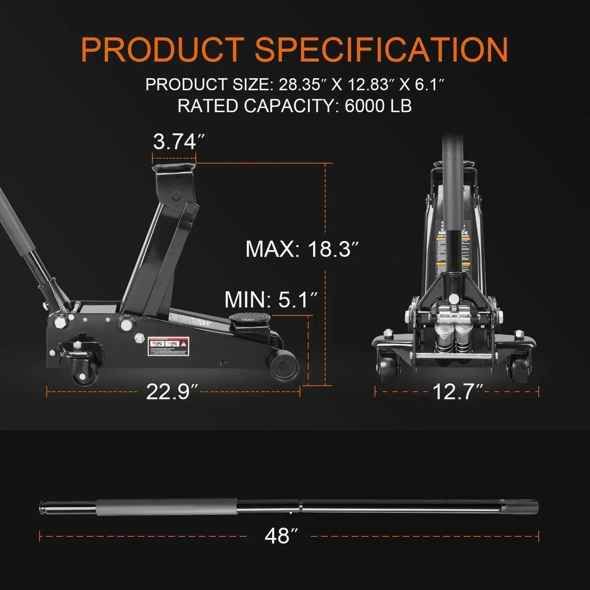 Heavy Duty Steel 3 Ton Hydraulic Floor Jack, Black - W8303-B