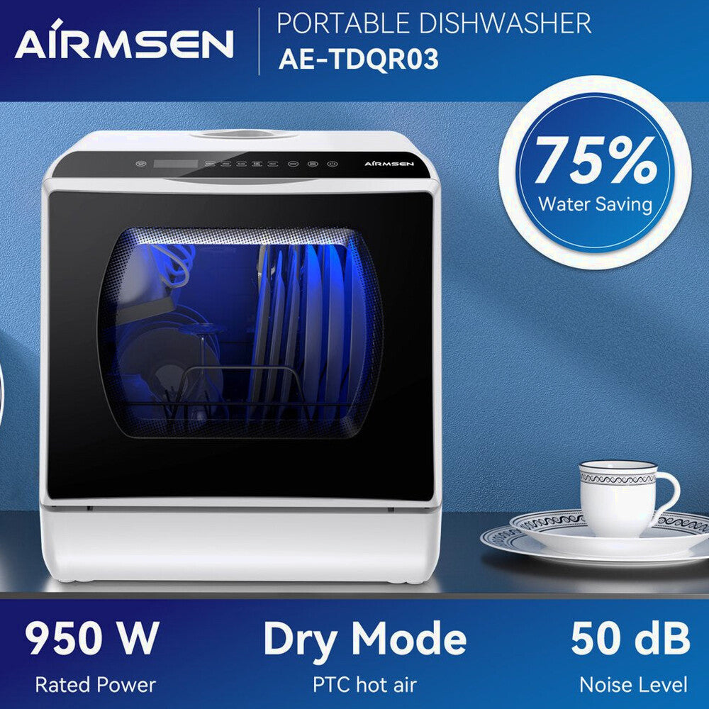 AIRMSEN Portable Countertop Dishwasher, 5-Liter Built-In Water Tank, 5 Washing Programs - AE-TDQR03