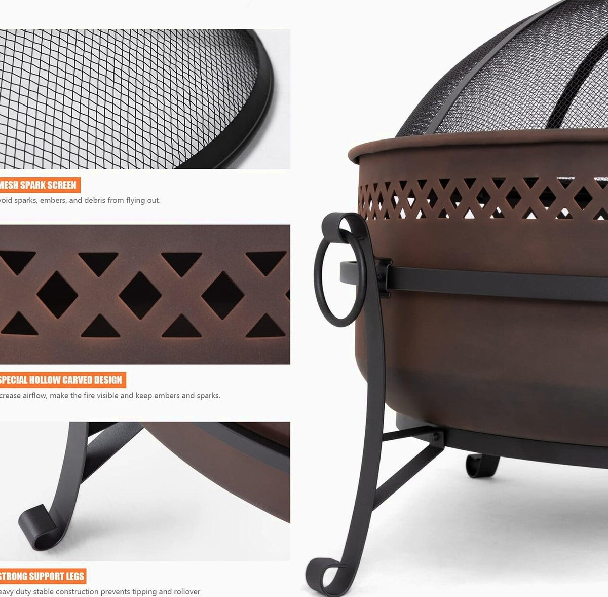 SUNCREAT 42 Inch Star Pattern Wood Burning Patio Fire Pit With Mesh Spark Screen And Poker, Black