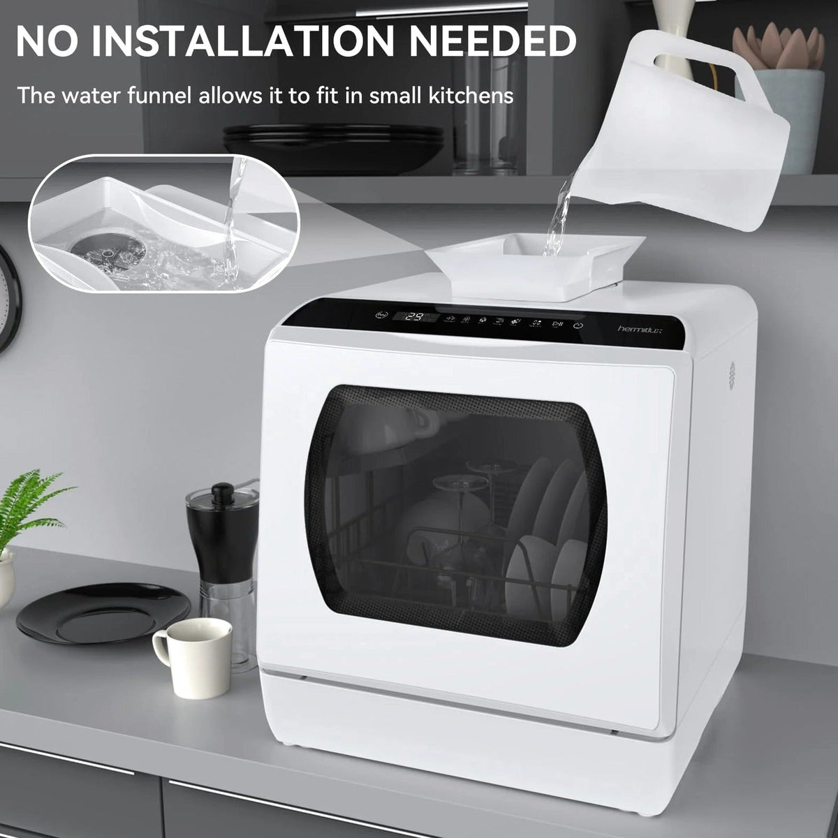 Hermitlux Countertop Dishwasher With 5-Liter Built-In Water Tank - 900W