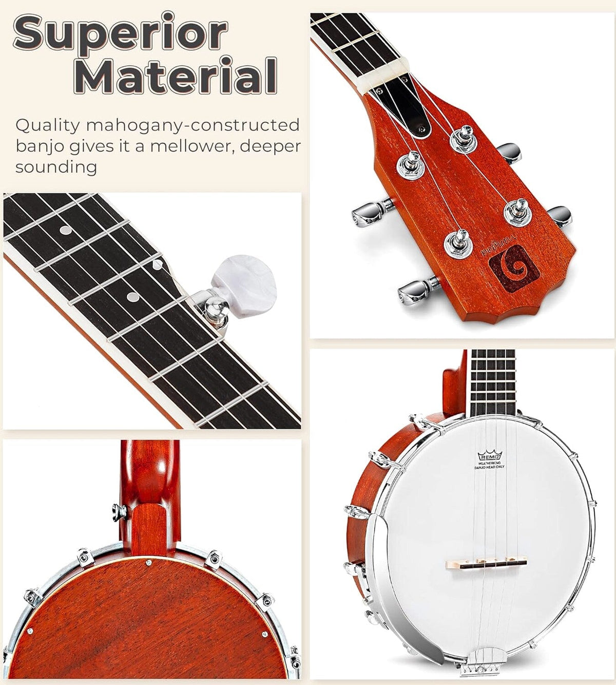 Vangoa 26 Inch Mini Travel Banjo With Remo Head And Beginner Kit