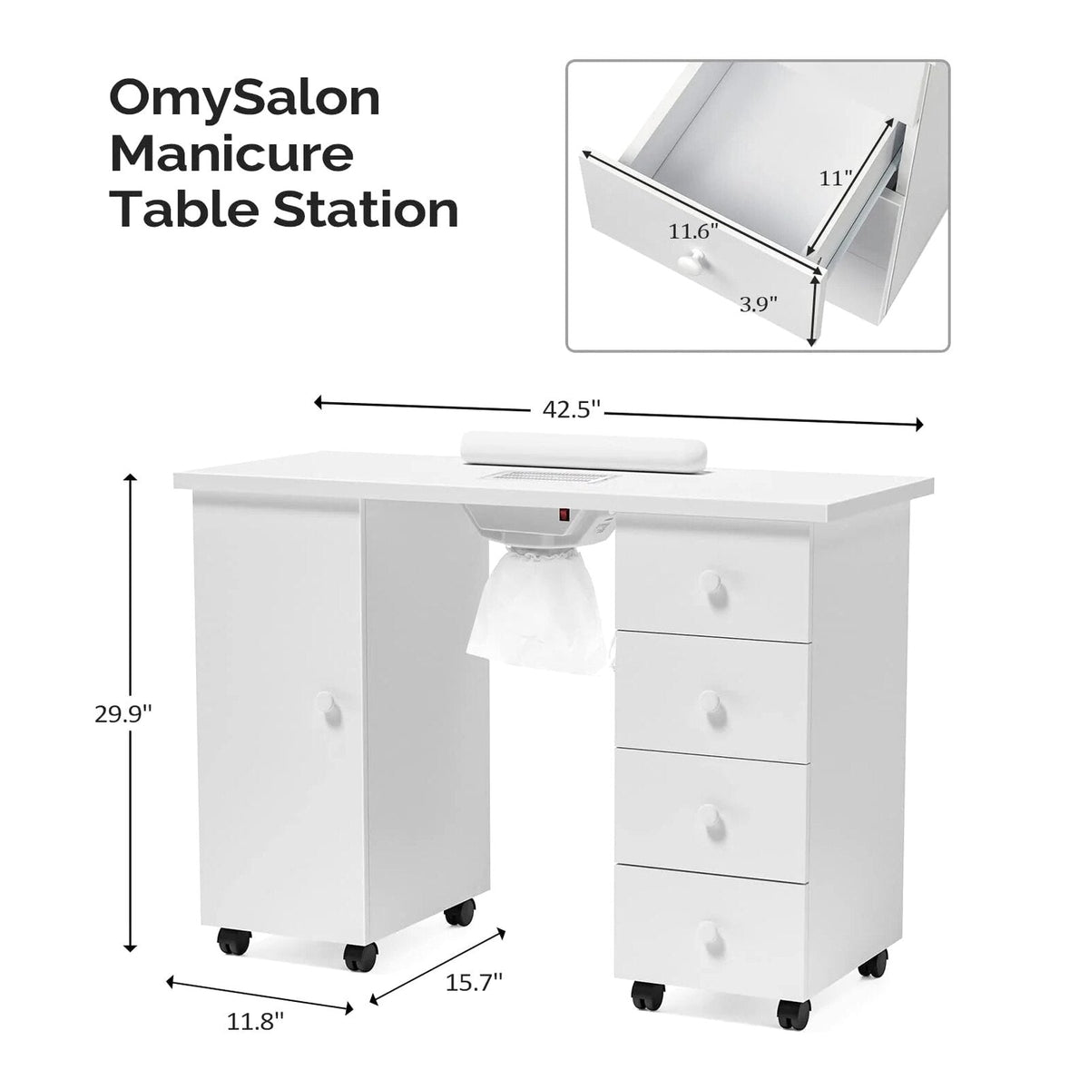 OmySalon Manicure Table Nail Desk With Electric Downdraft Vent