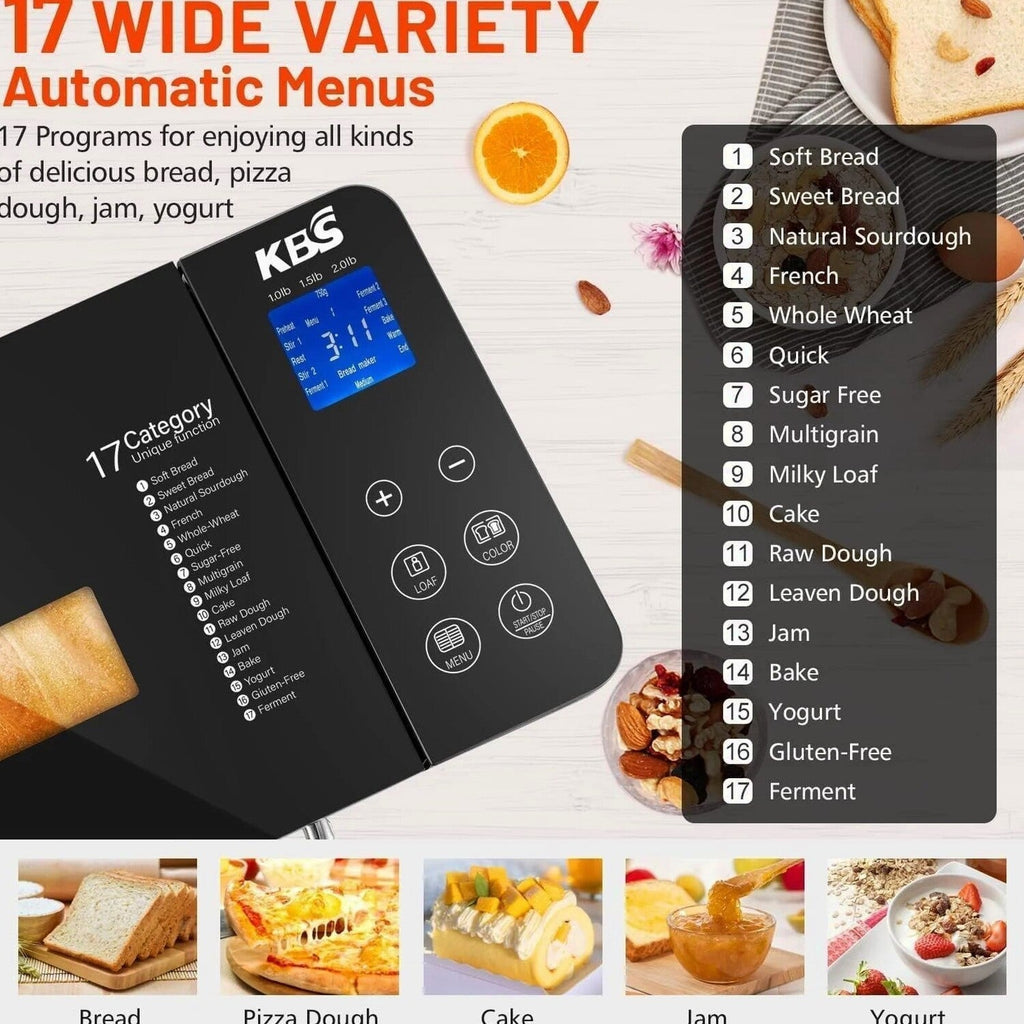 KBS 17-in-1 Stainless Steel Bread Machine, 710W, 2 lb - Dual Heaters