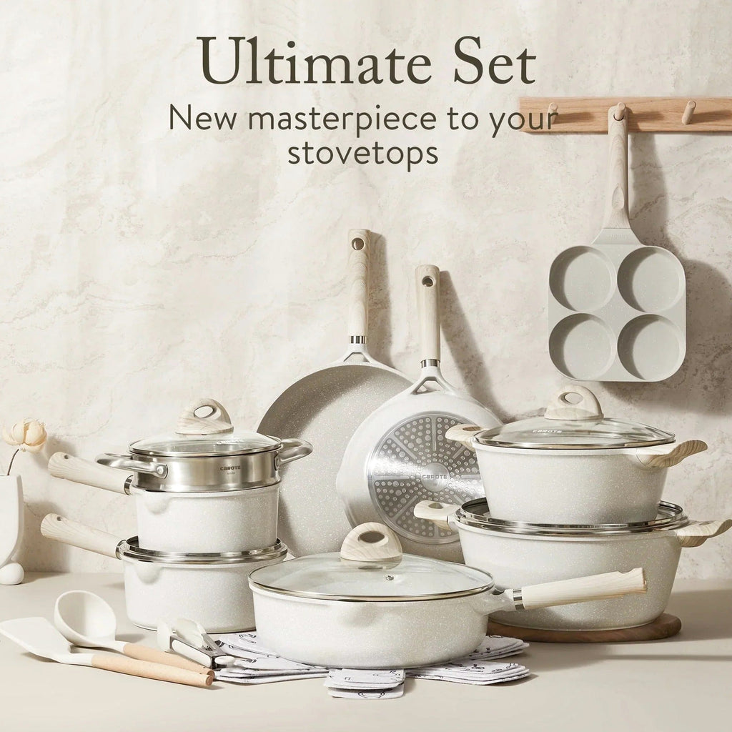 Nonstick Granite Cookware Set, 21 Pcs, Beige