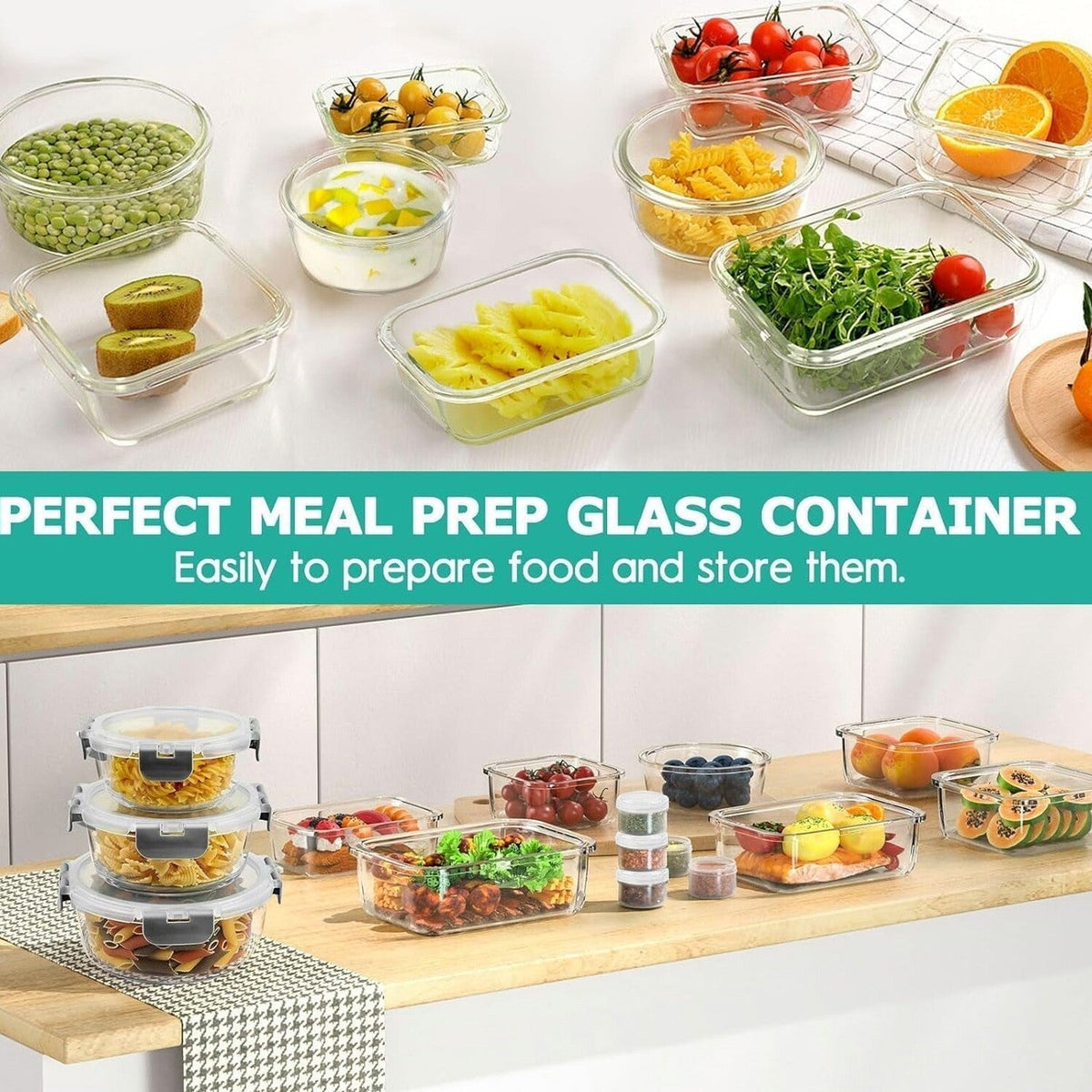Glass Food Storage Containers With Lids Set, 34 Pieces, Grey