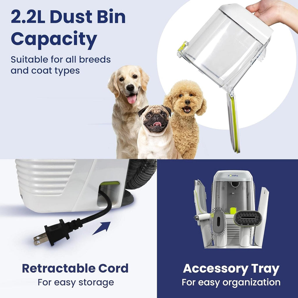PAWSPIK Pet Grooming Vacuum Kit With 7 Tools, 6 Suction Levels And 2.2L Dust Bin - GroomingPro Rx