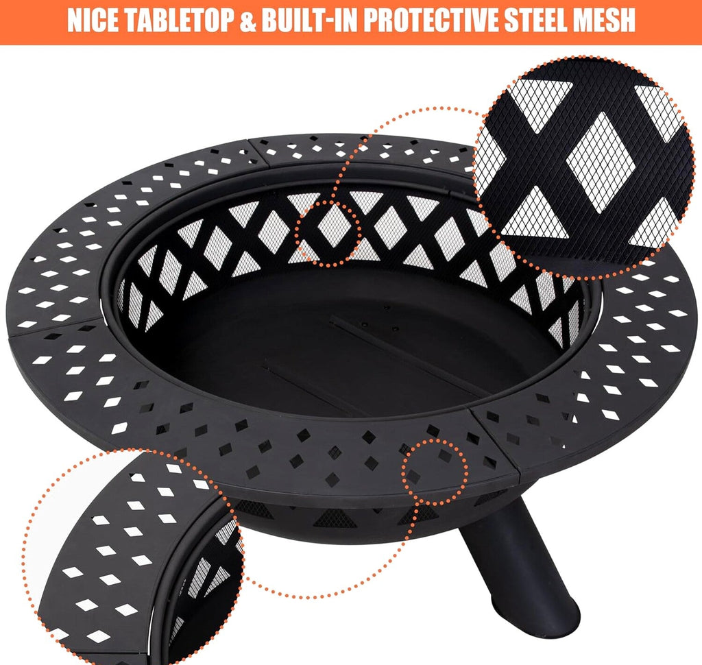 SUNCREAT 42 Inch Star Pattern Wood Burning Patio Fire Pit With Mesh Spark Screen And Poker, Black