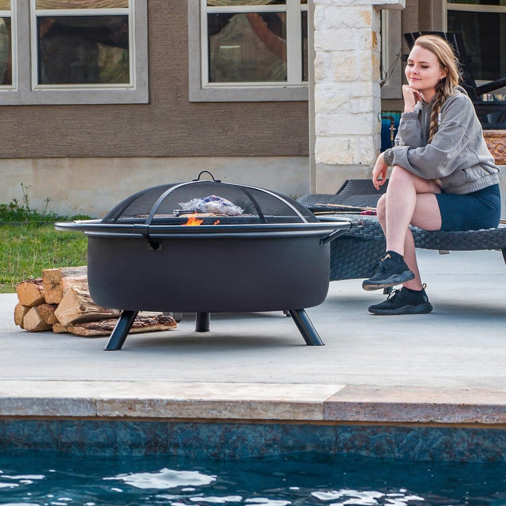 SUNCREAT 42 Inch Star Pattern Wood Burning Patio Fire Pit With Mesh Spark Screen And Poker, Black