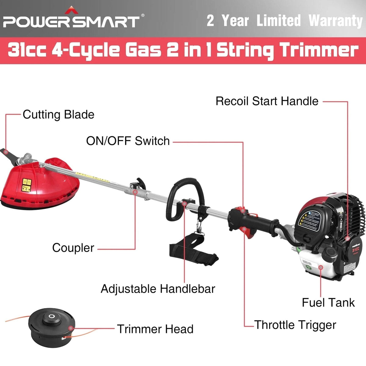 PowerSmart 4-Cycle 31cc 15lb Straight Shaft Gas String Trimmer And Brush Cutter