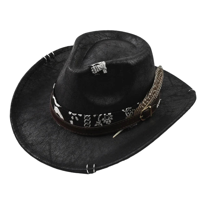 Fort Worth Feather Black Leather Cowboy Hat