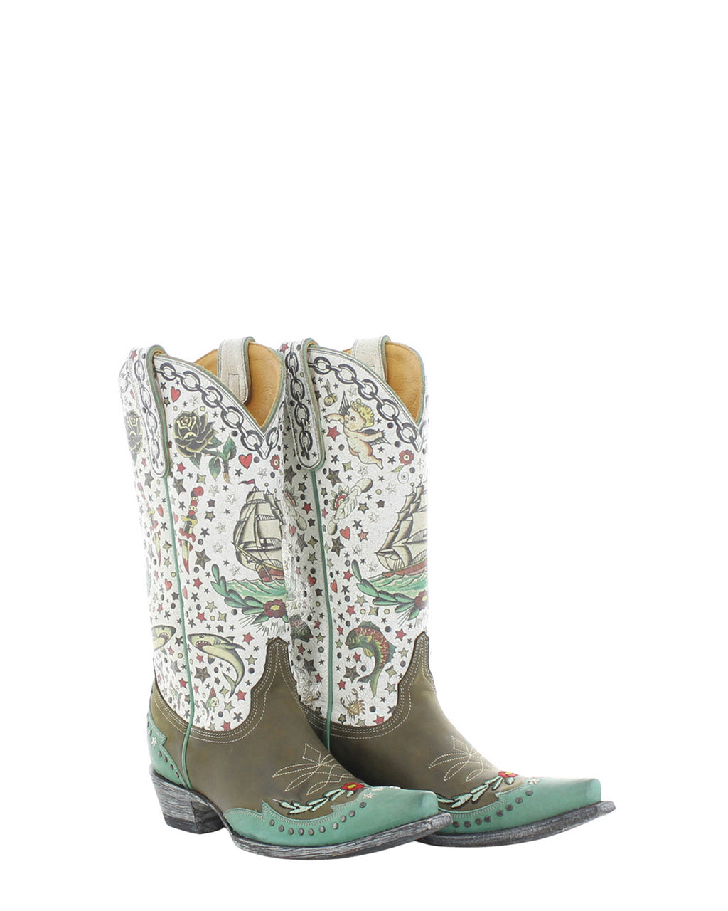 Women's Floral Cowgirl Boots - Olive