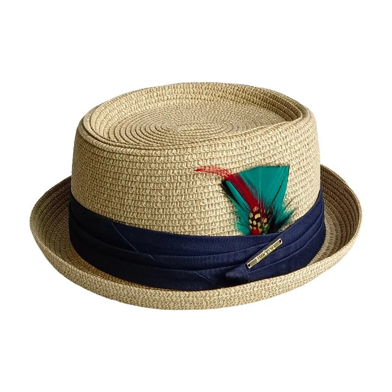 Liguria Handmade Summer Straw Feather Porkpie Hat