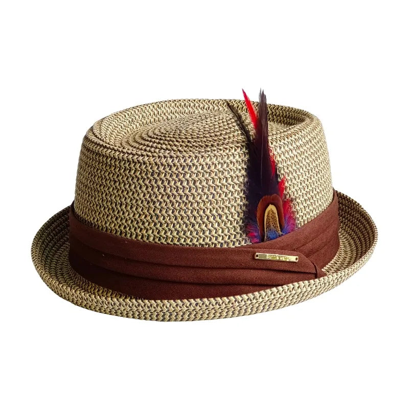 Liguria Handmade Summer Straw Feather Porkpie Hat