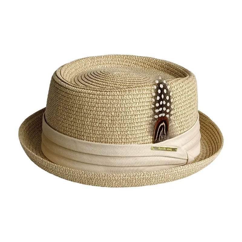 Liguria Handmade Summer Straw Feather Porkpie Hat