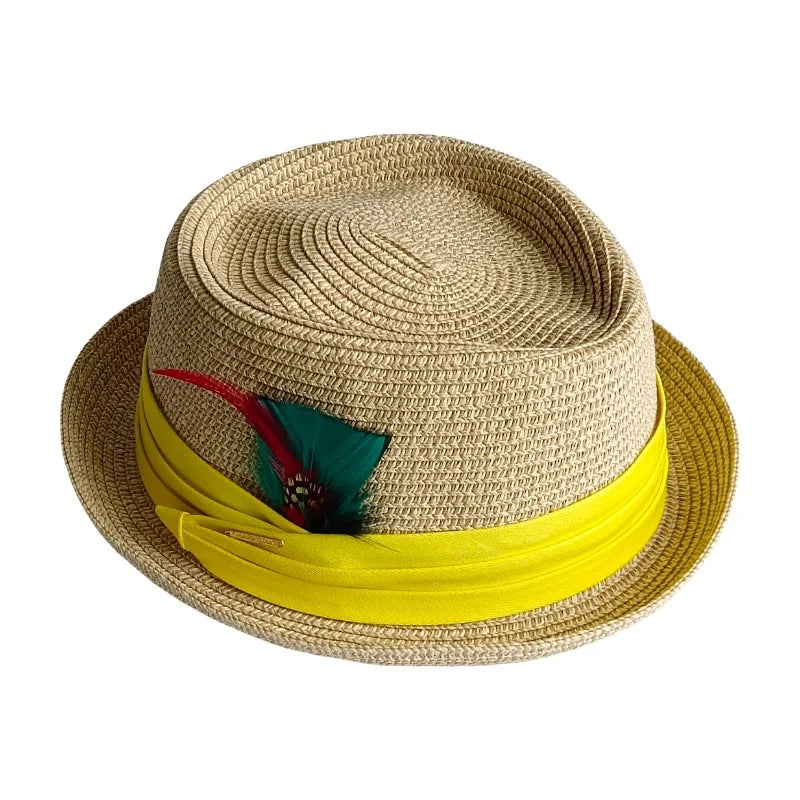 Liguria Handmade Summer Straw Feather Porkpie Hat
