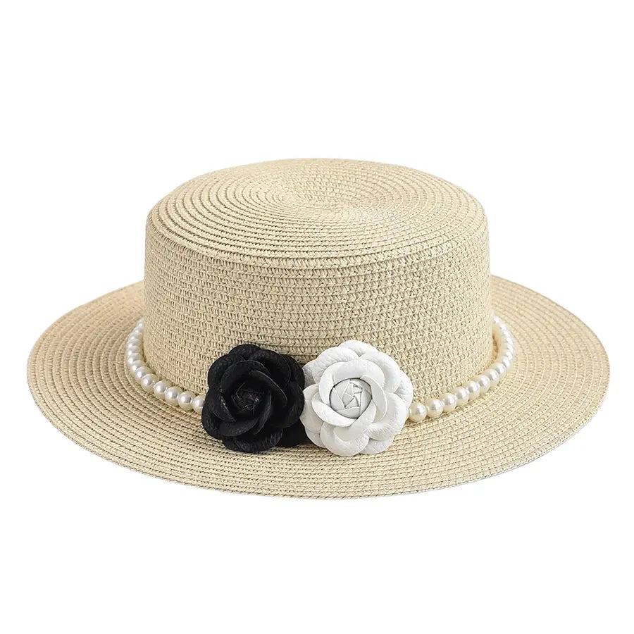 Pearls & Roses Women Summer Raffia Boater Hat