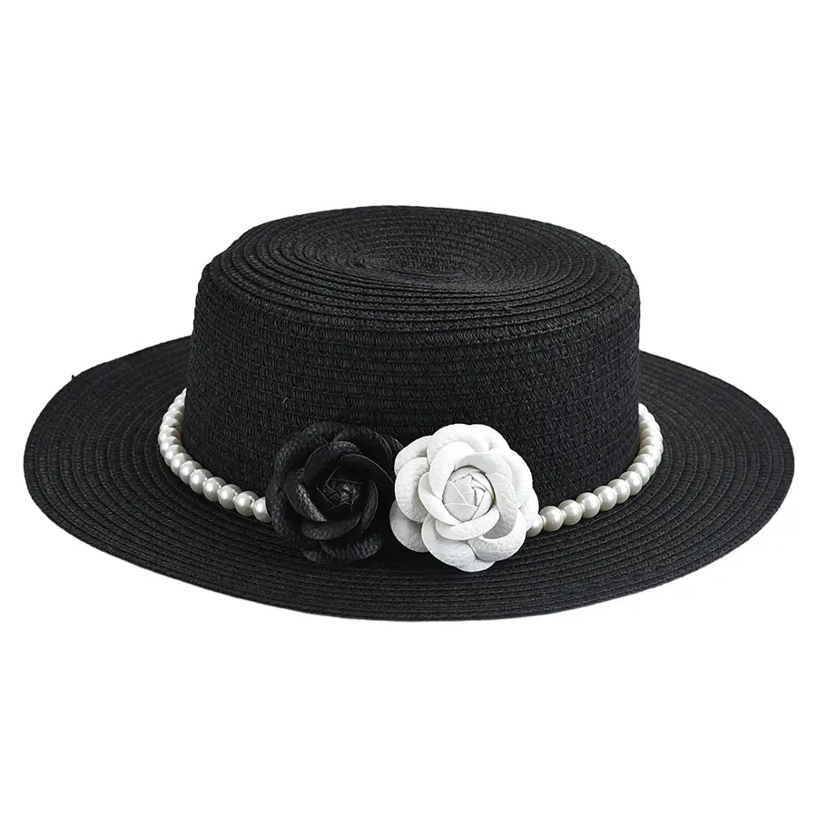 Pearls & Roses Women Summer Raffia Boater Hat