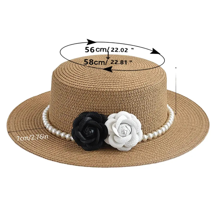 Pearls & Roses Women Summer Raffia Boater Hat