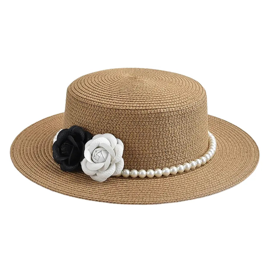 Pearls & Roses Women Summer Raffia Boater Hat