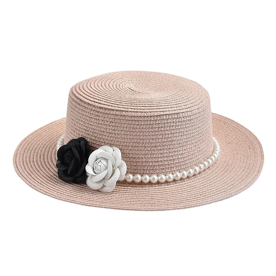 Pearls & Roses Women Summer Raffia Boater Hat