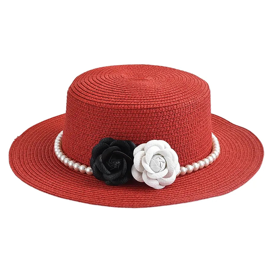 Pearls & Roses Women Summer Raffia Boater Hat