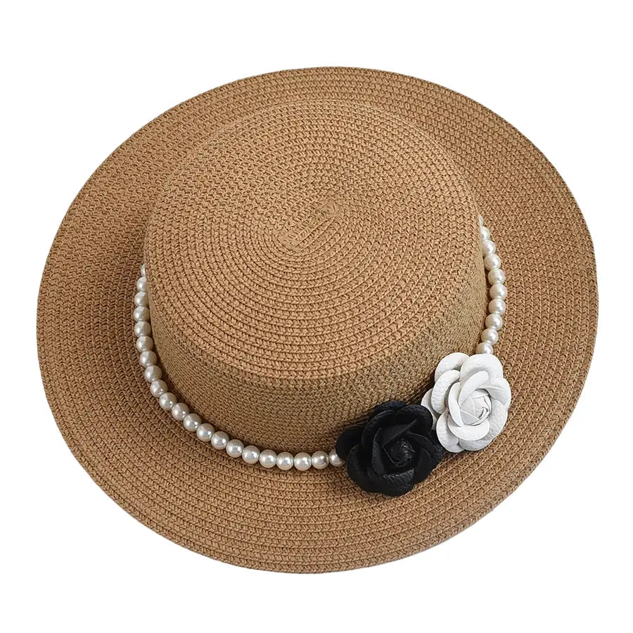 Pearls & Roses Women Summer Raffia Boater Hat