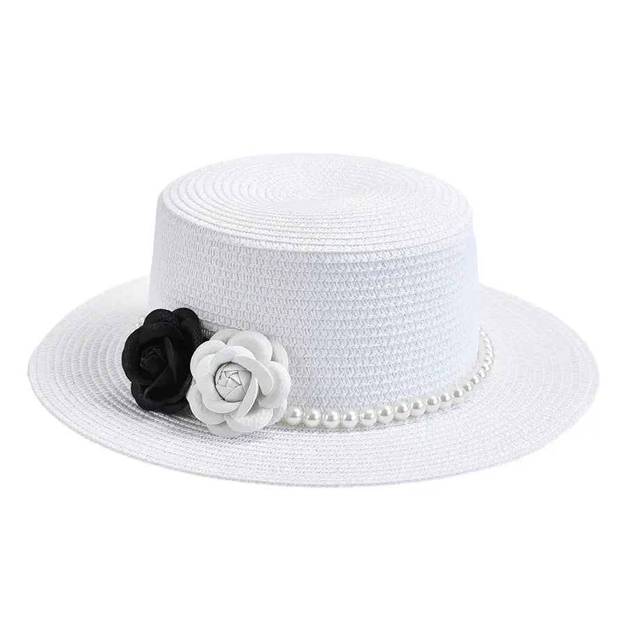 Pearls & Roses Women Summer Raffia Boater Hat