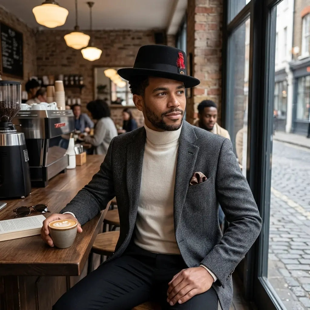 Virginia Feathers Black Wool Porkpie Hat