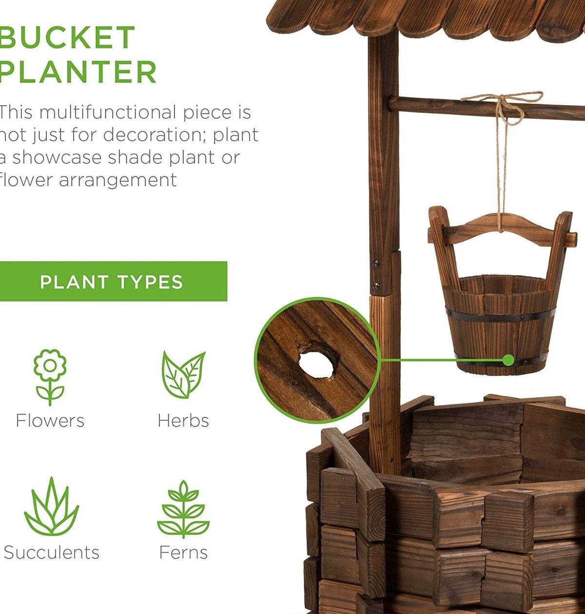 Best Choice Products Rustic Wooden Wishing Well Planter With Hanging Bucket - 16-Inch